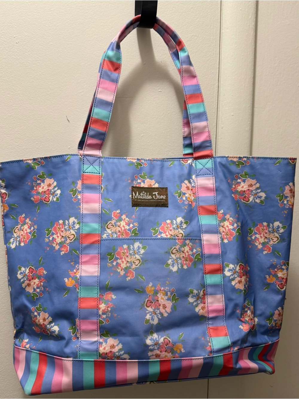 Matilda Jane Light Blue Floral Tote with Multicolor Striped Accents